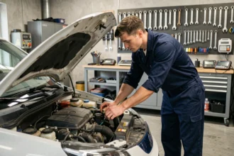 Mécanicien inspectant le compartiment moteur d'une voiture sans permis dans un garage professionnel