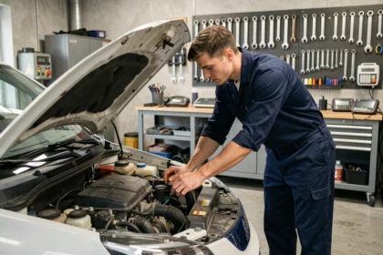 Mécanicien inspectant le compartiment moteur d'une voiture sans permis dans un garage professionnel