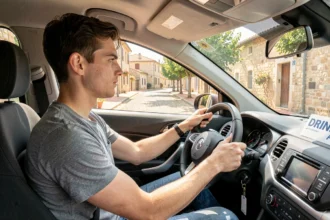 Jeune conducteur concentré au volant d'une voiture lors d'une leçon de conduite dans une ville de l'Aude sous le soleil du sud de la France