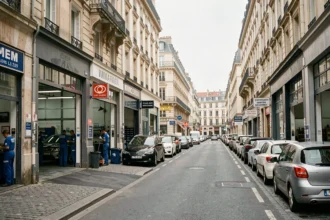 Vue d'ensemble d'une rue de garages automobiles à Lyon avec mécaniciens et véhicules en attente de réparation
