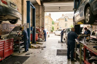 Vue d'ensemble d'un garage automobile professionnel en Nouvelle-Aquitaine avec plusieurs mécaniciens au travail