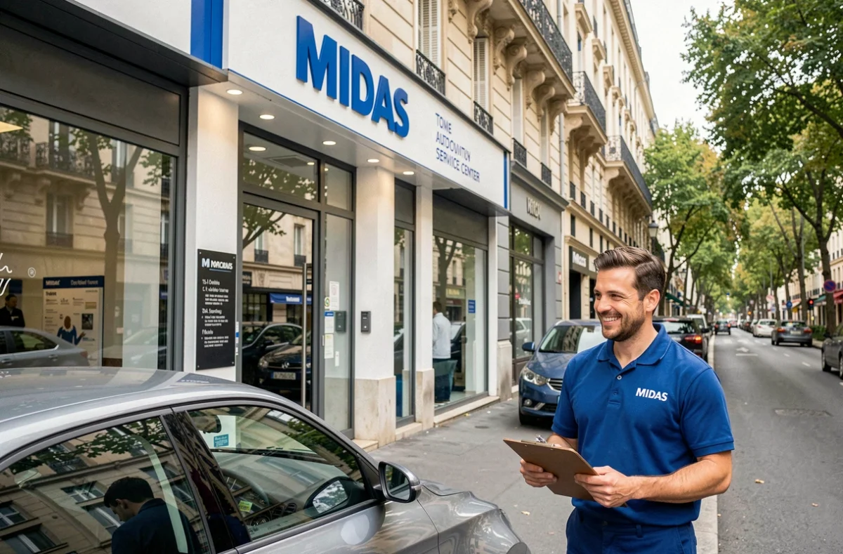 Technicien Midas accueillant un client devant le centre Midas Lyon Tête d'Or