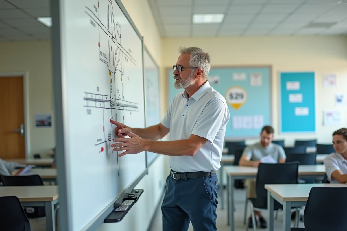 Moniteur d'auto-école expliquant les règles du code de la route devant un tableau dans une salle de cours