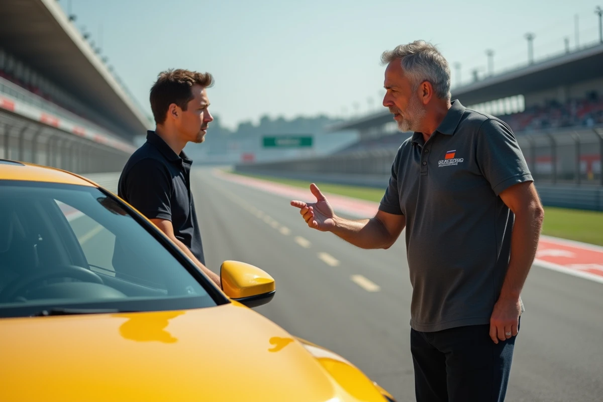 Moniteur de stage de pilotage expliquant les bases du circuit à un élève débutant devant une voiture jaune sur la voie des stands