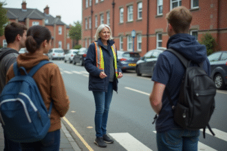 Instructrice de conduite parlant aux adolescents en ville