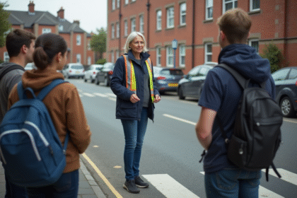 Instructrice de conduite parlant aux adolescents en ville