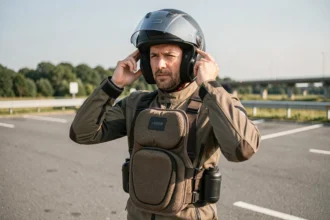 Motard portant un airbag moto intégré sur autoroute, vue trois quarts en tenue de route complète