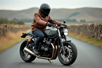 Motard expérimenté sur une moto naked à fort couple moteur en route de campagne