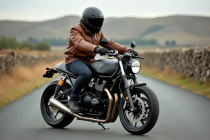 Motard expérimenté sur une moto naked à fort couple moteur en route de campagne