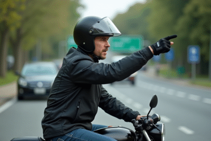 Motard homme en veste noire pointant sur la route