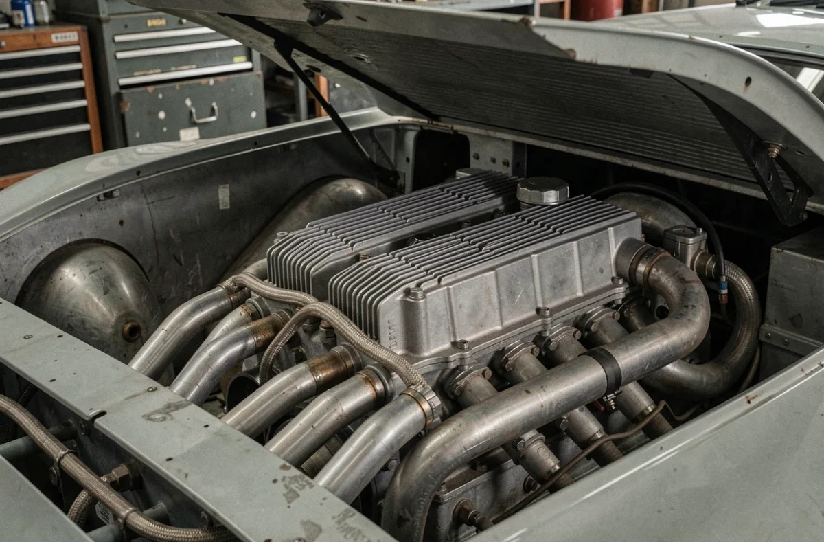 Moteur à plat 12 cylindres de la Porsche 917 exposé dans un garage de course vintage, détail mécanique en gros plan