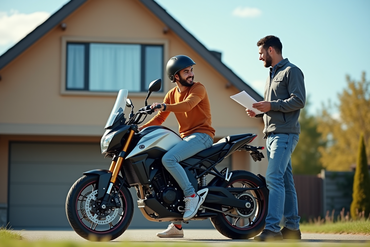 Moto moderne devant maison avec jeune conducteur et agent assurance