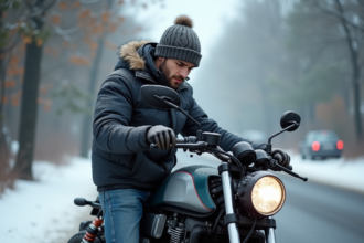 Jeune homme vérifiant son moteur de moto en hiver