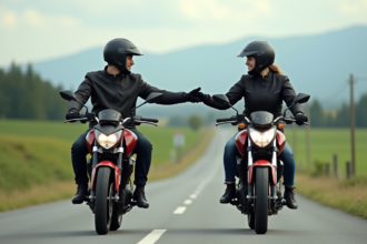 Deux motards en balade sur une route de campagne