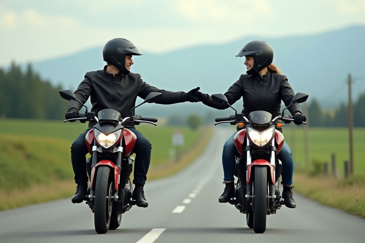 Deux motards en balade sur une route de campagne