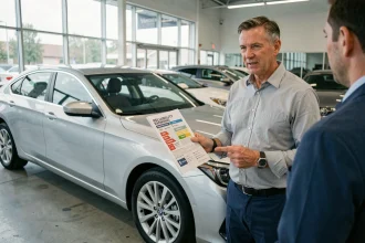 Un homme en chemise grise discute d'un classement de fiabilité automobile avec un vendeur dans une concession moderne