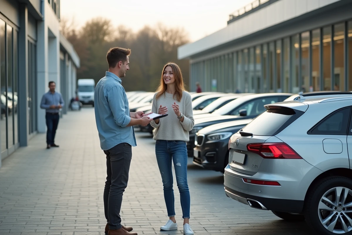 Jeune couple négociant avec un vendeur devant une voiture