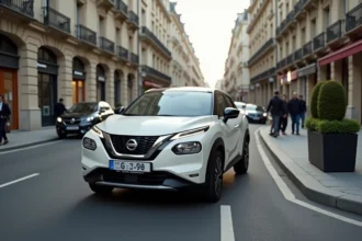 Nissan Juke blanc compact manœuvrant dans une rue étroite de centre-ville entre immeubles haussmanniens et voitures garées