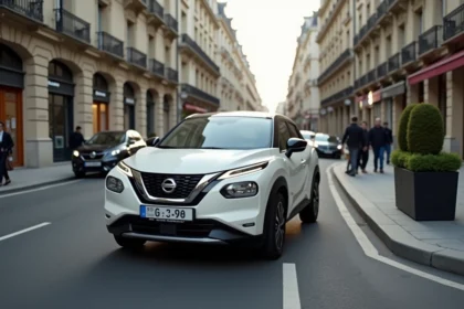 Nissan Juke blanc compact manœuvrant dans une rue étroite de centre-ville entre immeubles haussmanniens et voitures garées