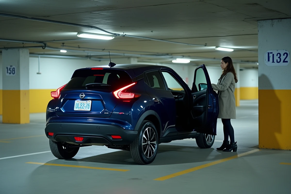 Femme garант une Nissan Juke bleue dans un parking souterrain urbain étroit entre piliers en béton