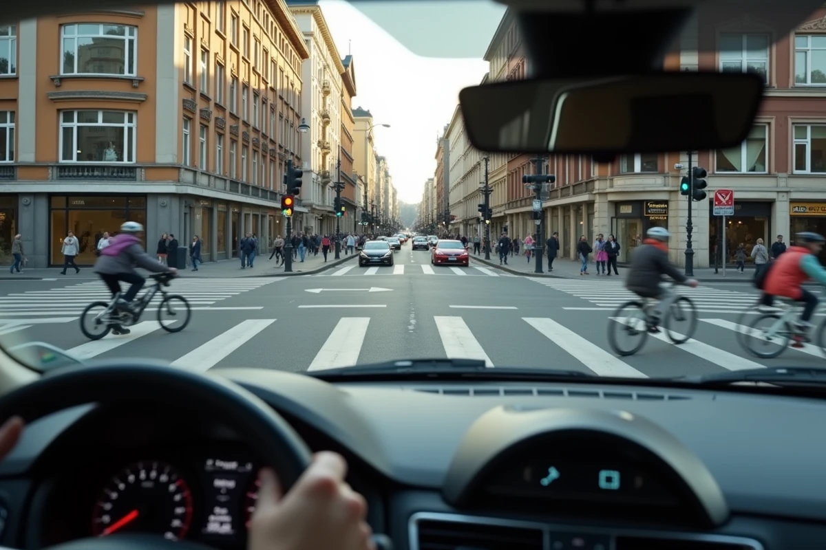 Vue depuis l'habitacle d'une Nissan Juke orange à un carrefour urbain animé illustrant la visibilité au volant en ville