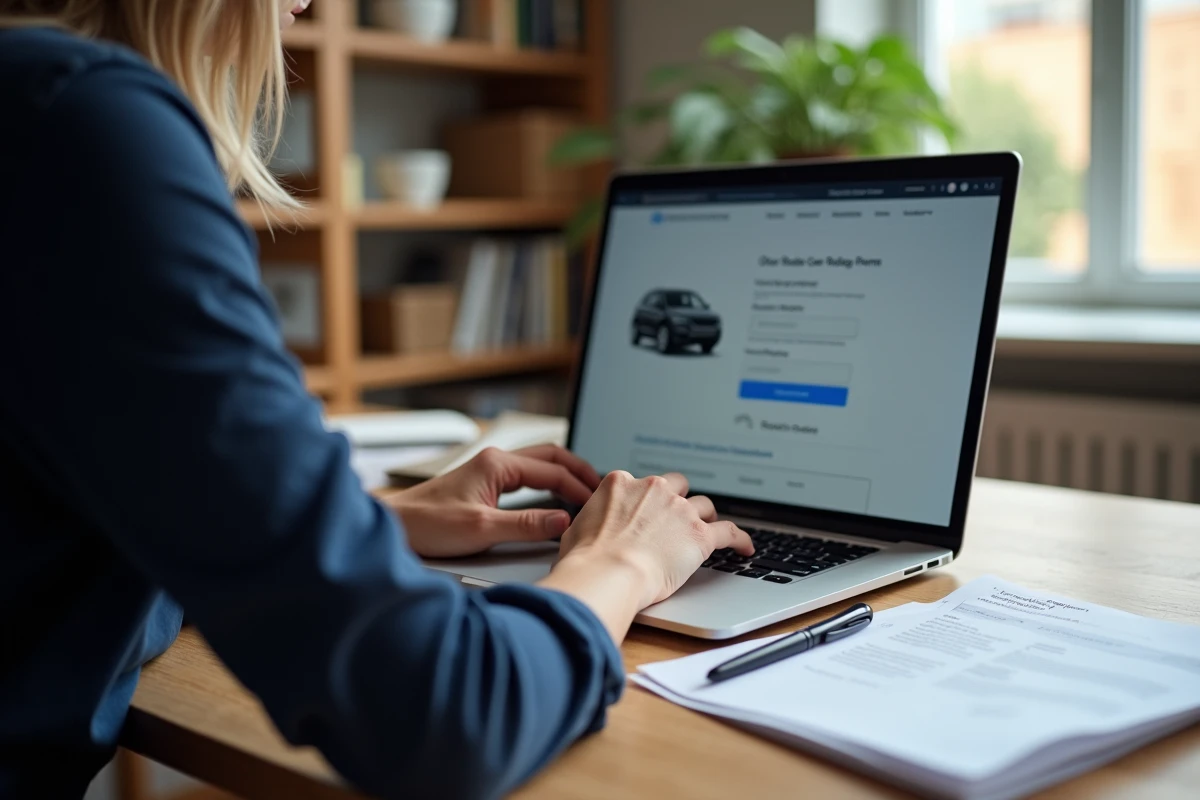 Femme utilisant le site officiel du constructeur sur ordinateur portable pour obtenir un code autoradio gratuitement