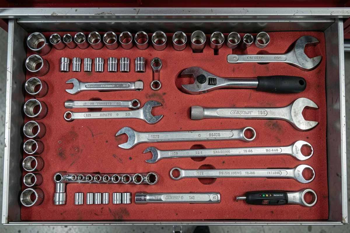 Assortiment complet d'outils mécanicien auto chromés organisés dans un tiroir de servante d'atelier, montrant l'importance d'un équipement bien structuré pour la performance