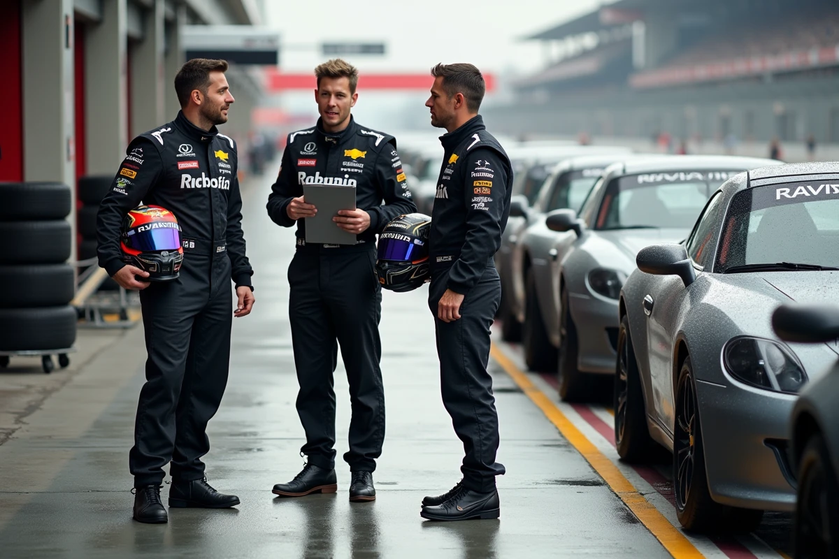 Groupe de participants en combinaison de pilotage discutant avec un instructeur dans le paddock d'un circuit avant un stage de conduite
