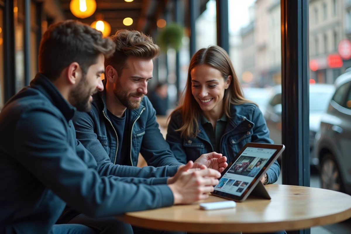 Groupe de passionnés d'automobile consultant un site d'actualité auto sur tablette dans un café en ville