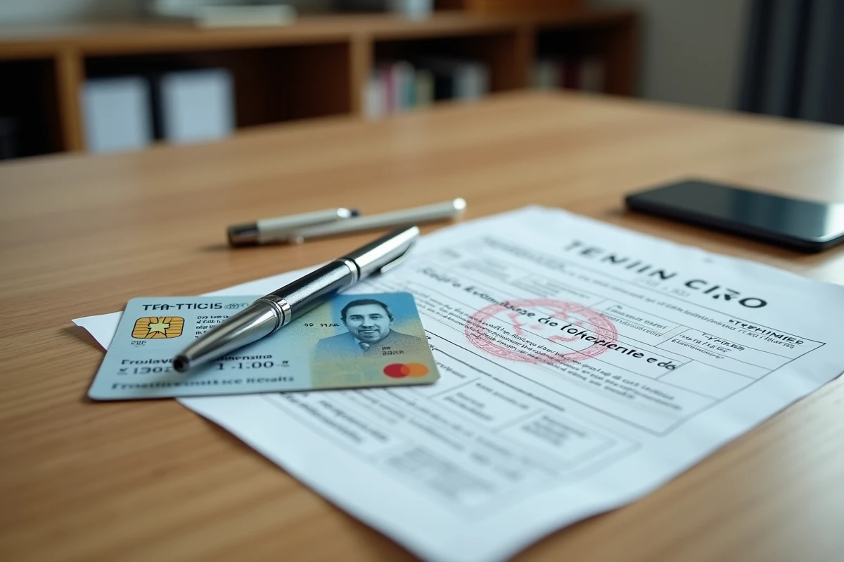 Permis de conduire français posé à côté d'un avis de contravention officiel sur un bureau en bois