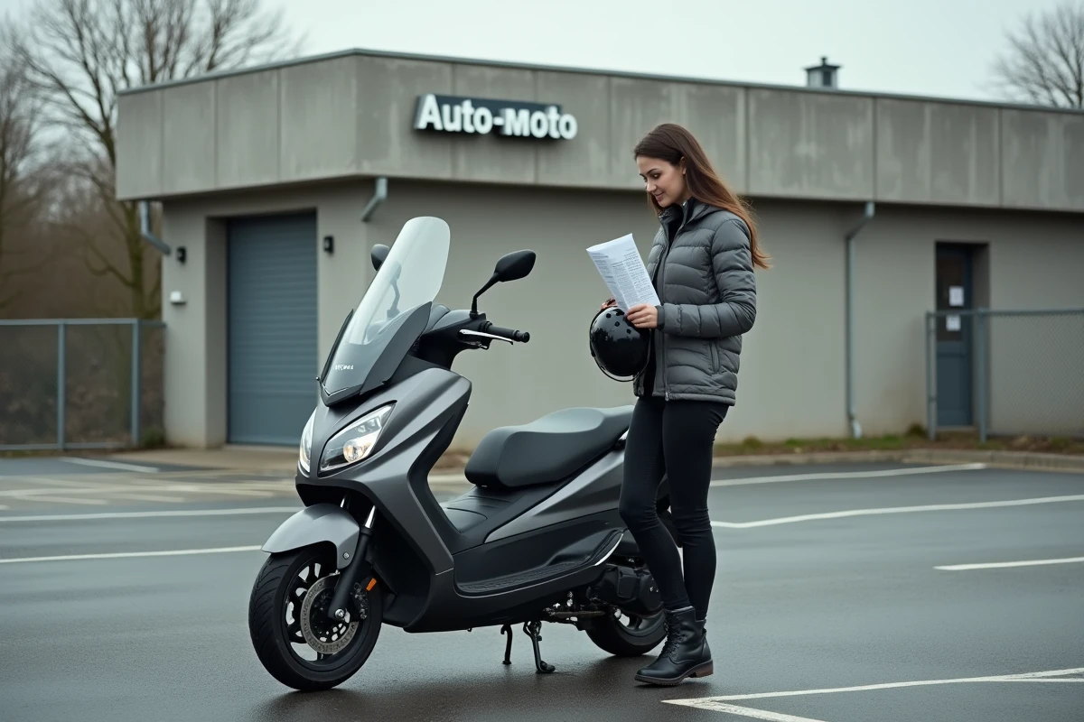 Femme en tenue de moto consultant un document devant un scooter 3 roues dans une auto-école