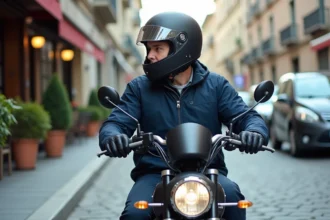 Homme équipé d'un casque et d'une veste de moto assis sur un scooter 3 roues en milieu urbain