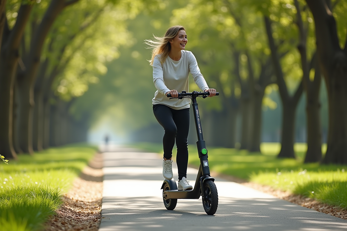 Personne roulant en scooter électrique dans un parc ensoleille