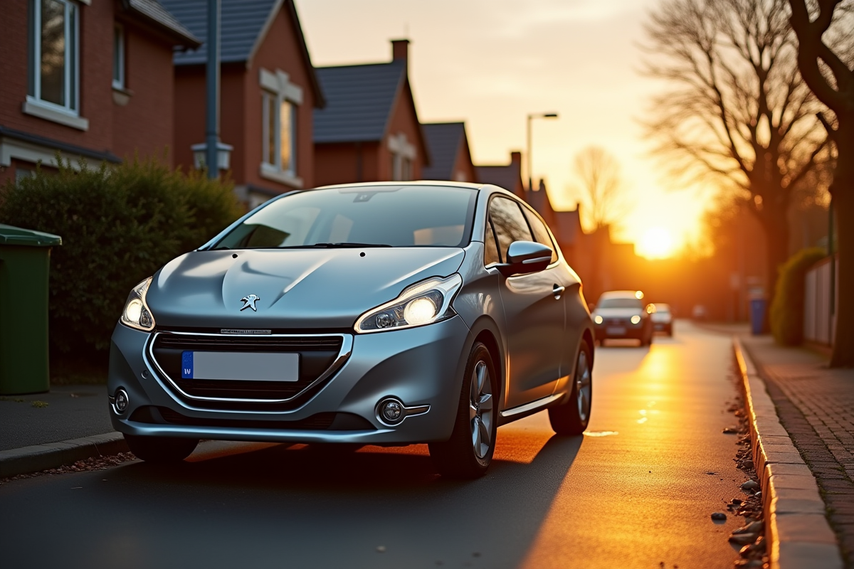 Peugeot 208 argentée stationnée en rue résidentielle au coucher du soleil
