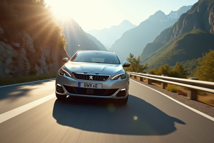 Peugeot 308 GT Line en conduite sur route de montagne ensoleillee