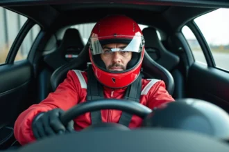 Pilote en combinaison de course rouge au volant d'une voiture lors d'un stage de pilotage sur circuit automobile