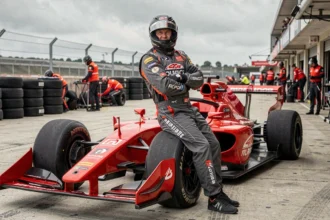 Pilote de course en combinaison ignifugée appuyé contre une voiture de course rouge dans le paddock d'un circuit automobile