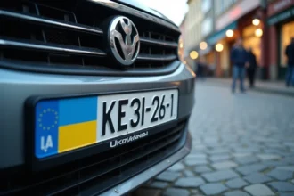 Gros plan d'une plaque d'immatriculation ukrainienne UA sur une voiture moderne dans une rue urbaine