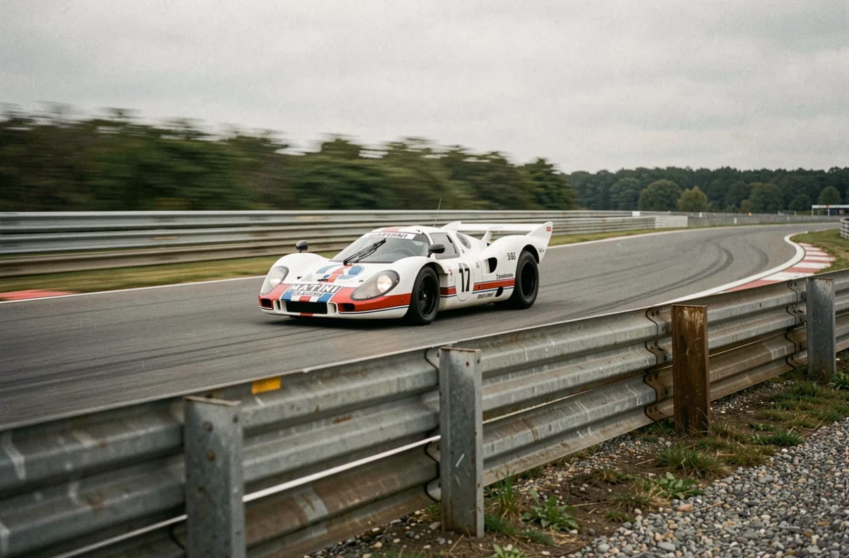 Porsche 917 Langheck en livrée Martini Racing dans un virage sur circuit, effet de vitesse avec flou de mouvement en arrière-plan