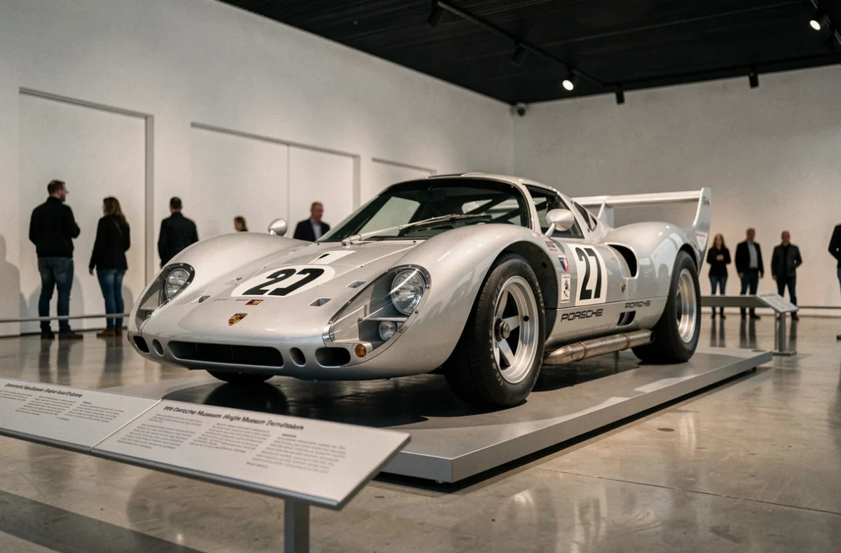 Porsche 917 originale exposée au Porsche Museum de Stuttgart, vue grand angle avec des visiteurs floutés en arrière-plan