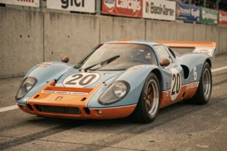 Porsche 917K Gulf Oil en livrée bleu et orange sur la voie des stands d'un circuit historique, vue trois quarts avant