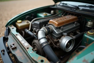 Moteur préparé d'une voiture de rallye occasion avec admission sport et durites tressées visibles dans le compartiment moteur