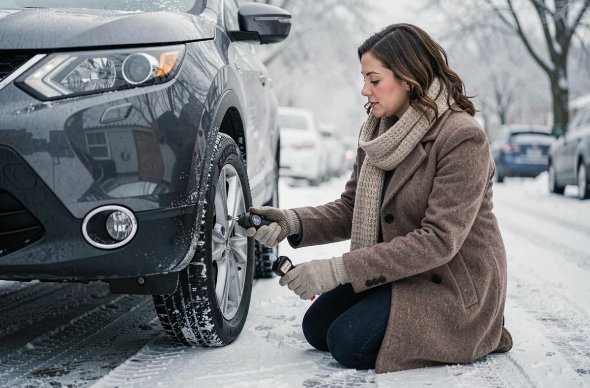Femme vérifiant la pression des pneus hiver d'un Nissan Qashqai sous la neige en hiver
