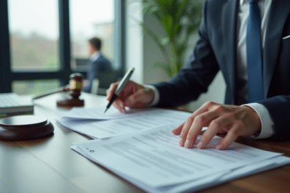 Professionnel examinant des documents juridiques au bureau