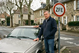 Propriétaire d'un véhicule diesel inquiet face à un panneau de Zone à Faibles Émissions dans une rue résidentielle française