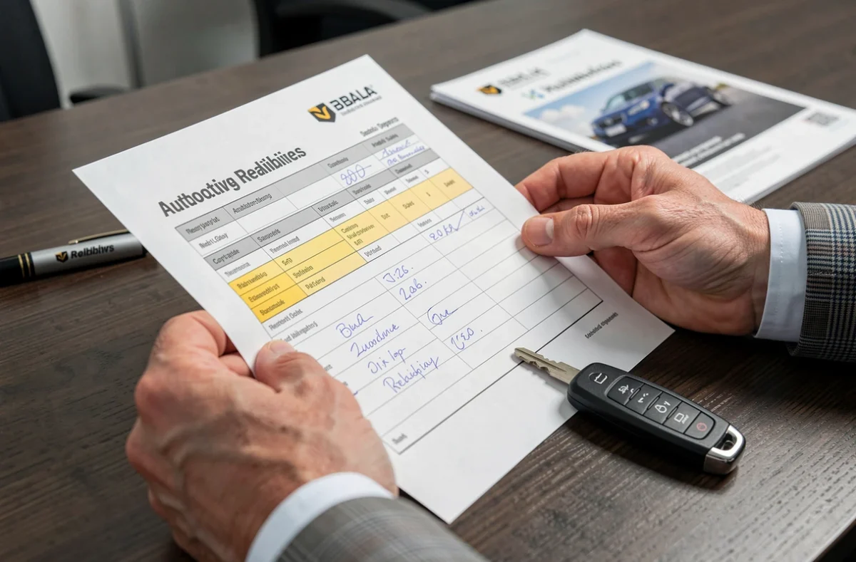 Gros plan sur un rapport de fiabilité automobile annoté et une clé de voiture posés sur une table de négociation en concession