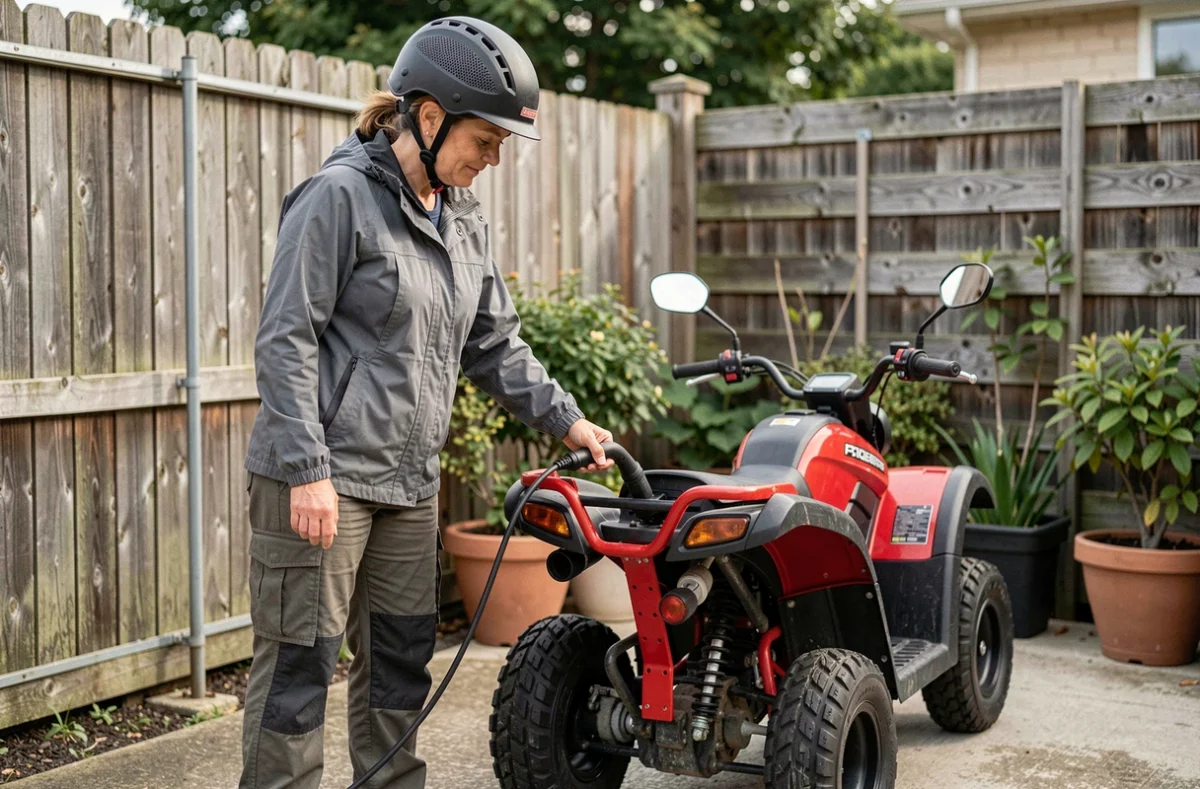 Femme rechargeant un quad électrique économique dans un jardin résidentiel