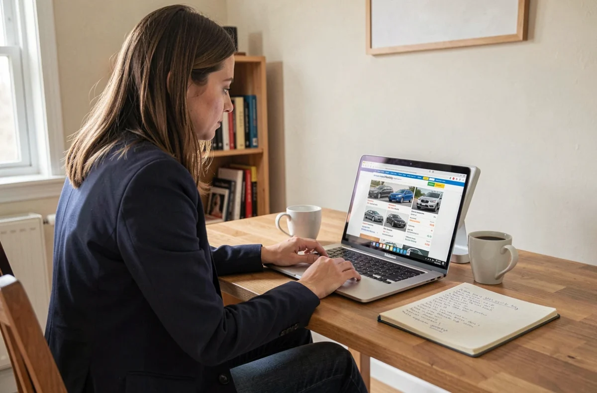 Une femme consulte un classement de fiabilité de voitures sur son ordinateur portable avant d'acheter un véhicule