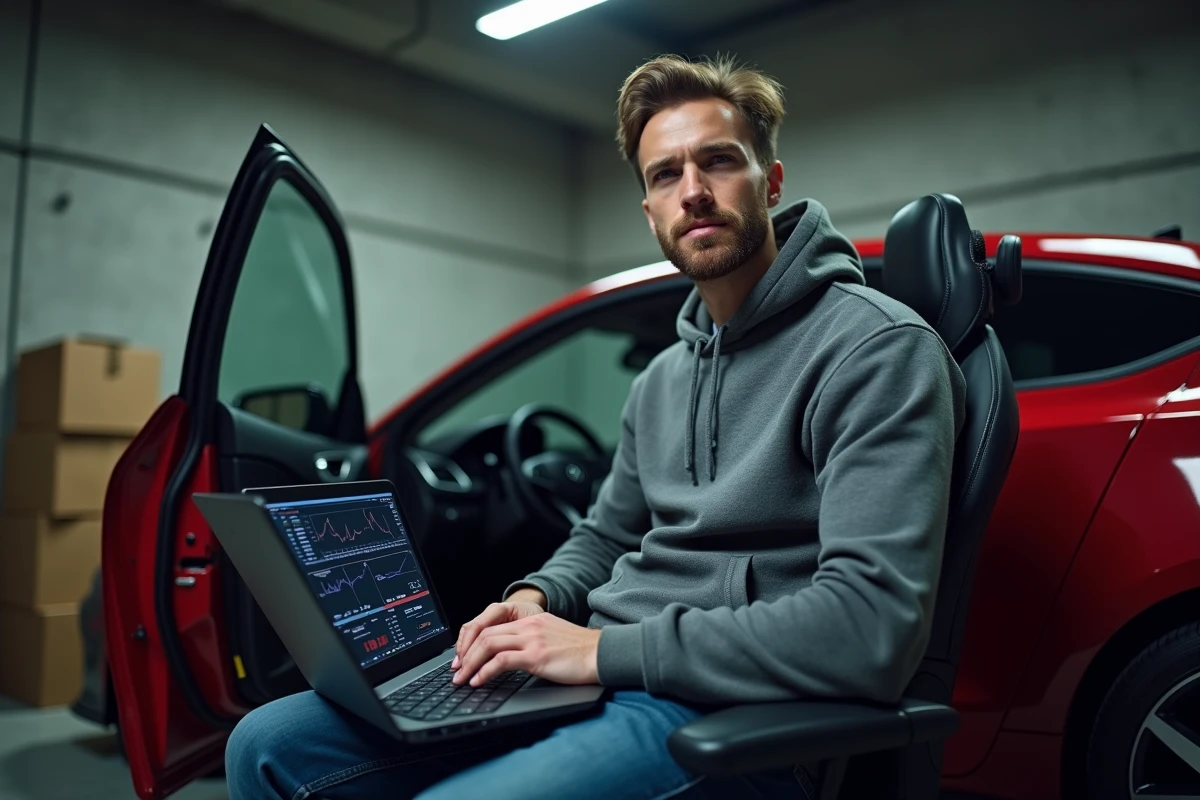 Passionné automobile utilisant un logiciel de cartographie moteur et un scanner OBD pour des réglages maison risquant un mélange pauvre