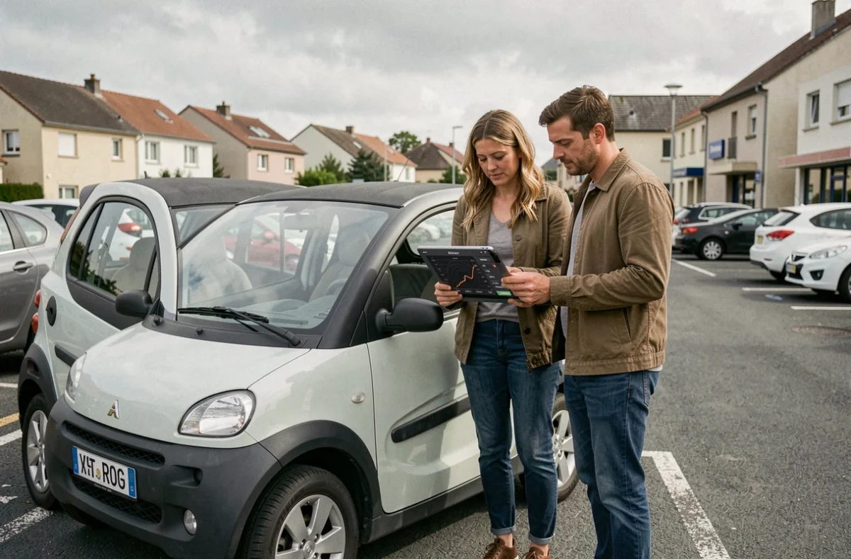 Deux adultes consultant les paramètres de vitesse d'une voiture sans permis sur une tablette en parking